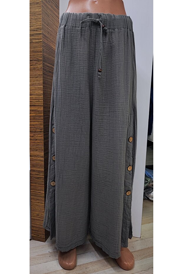 Muslin Cotton Large Wooden Button Large Size Designer Pants