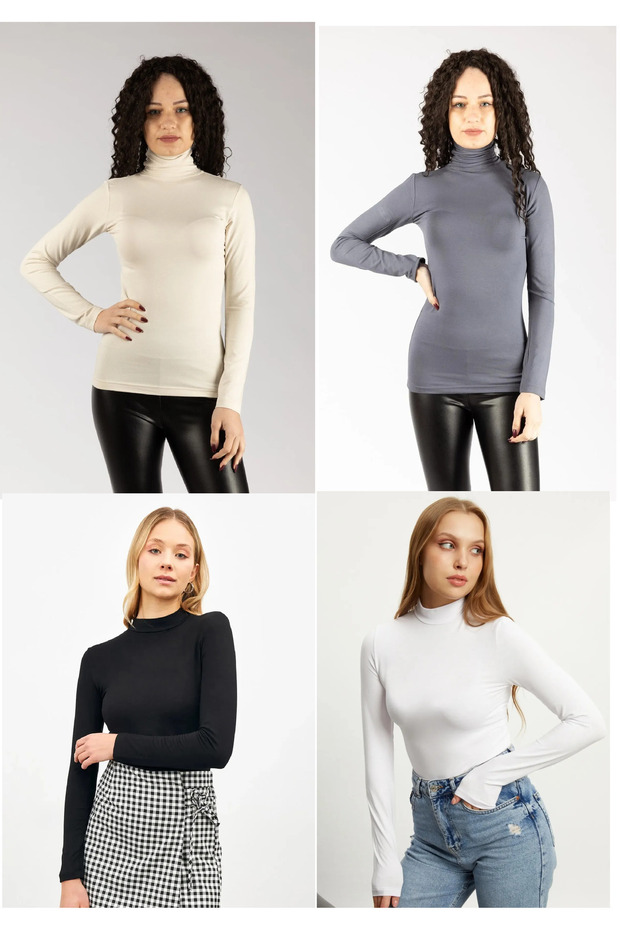 Flexible Lycra Bodysuit for Women - Set of 4 Beige, Grey, Black, White, Half Turtleneck, Long Sleeve