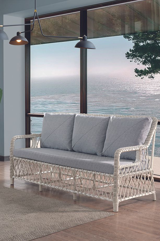 Edra Rattan Puflu Bahçe Balkon Takımı 3+1+1+Camı Masa Kemik Rengi - 2