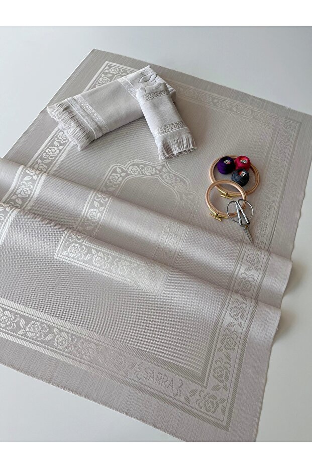 3-Piece Fringed Etamin Dark Prayer Rug Set - Stone