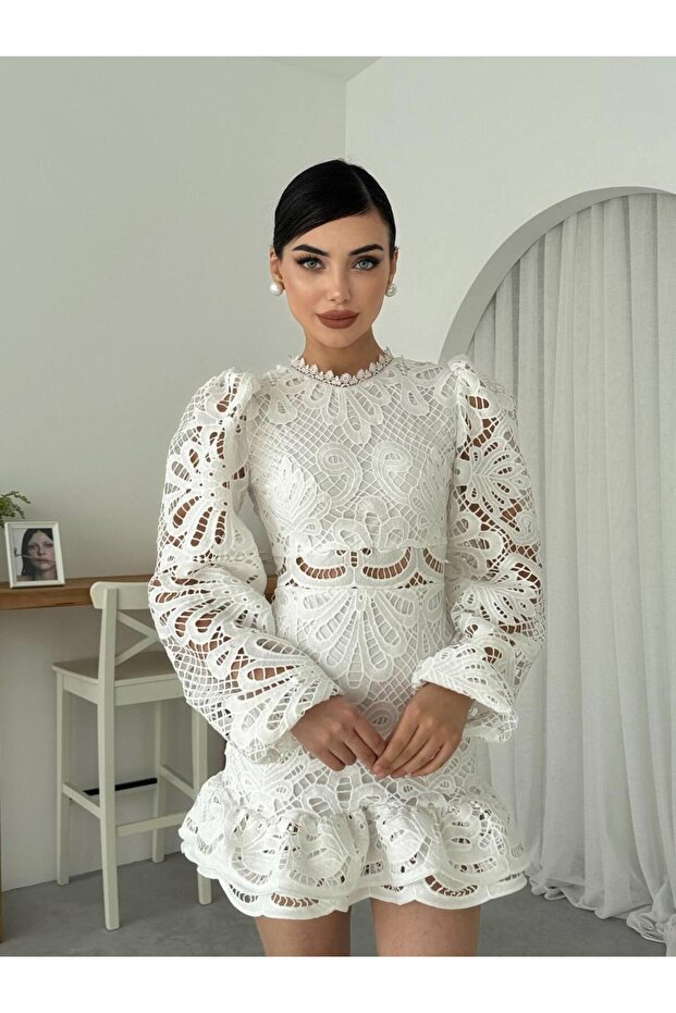 Tasarım Dantel Güpür Mini Elbise - 6