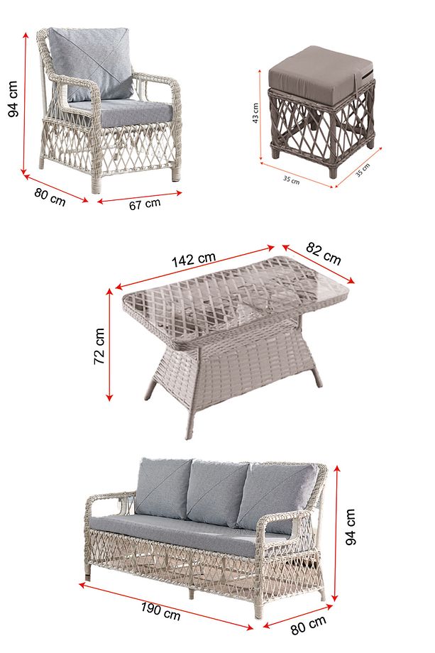 Edra Rattan Puflu Bahçe Balkon Takımı 3+1+1+Camı Masa Kemik Rengi - 7