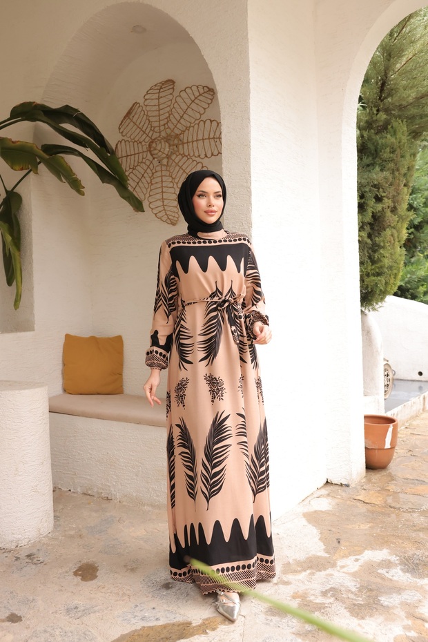Women's Hijab Leaf Patterned Belted Viscose Dress