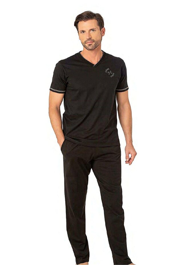 6083 Men's Short Sleeve V-Neck Pajamas Set-Black
