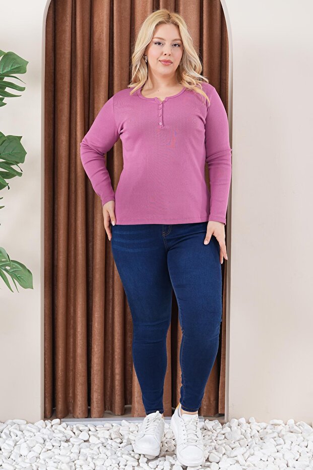 بلوزة أساسية من القطن والليكرا مع تفاصيل أزرار كبيرة الحجم - 3