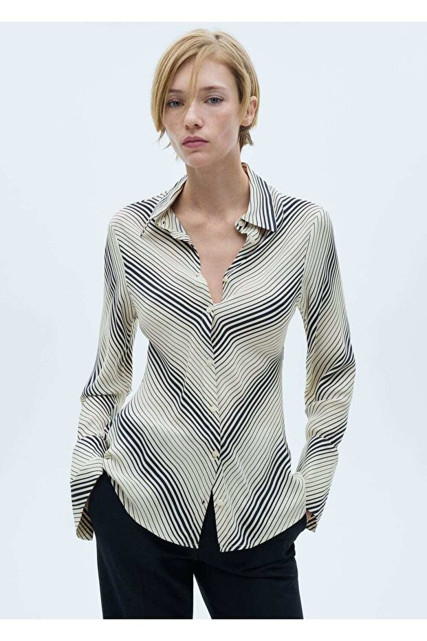 Çizgili çan kollu gömlek - 1