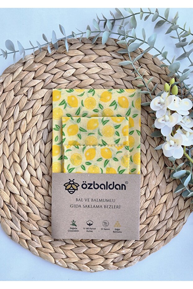 Wax Reusable Food Storage Cloth (Waxed) 3 Piece Lemon Set (20X20/30X30/40X40Cm)