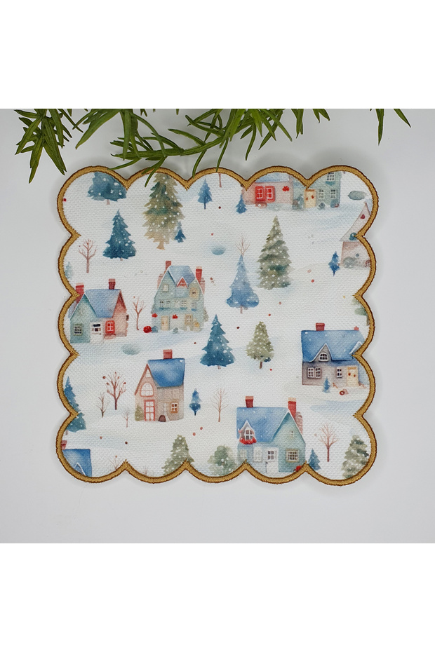 Embroidery Edge Fabric Cocktail Napkin with Watercolor Houses, Trees and Winter Scenic Design 1Pcs