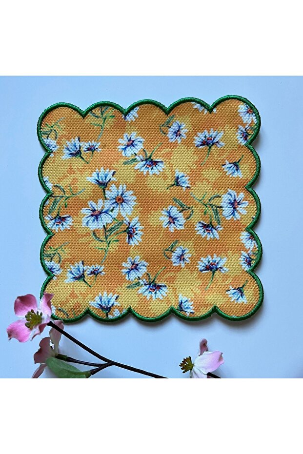 Daisy Digital Printed Decorative Cocktail Napkins with Green Embroidered Edges 15 X 15 Yellow Fabric