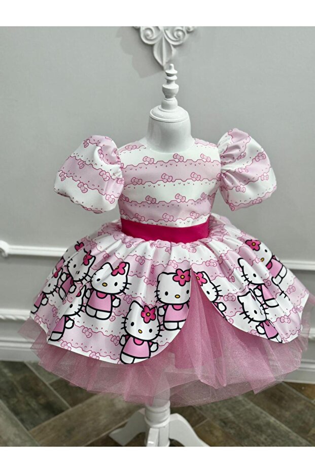 Hello Kity Kız Elbise, Hello Kity Kız Kostüm, Pembe Hello Kity Elbise - 1
