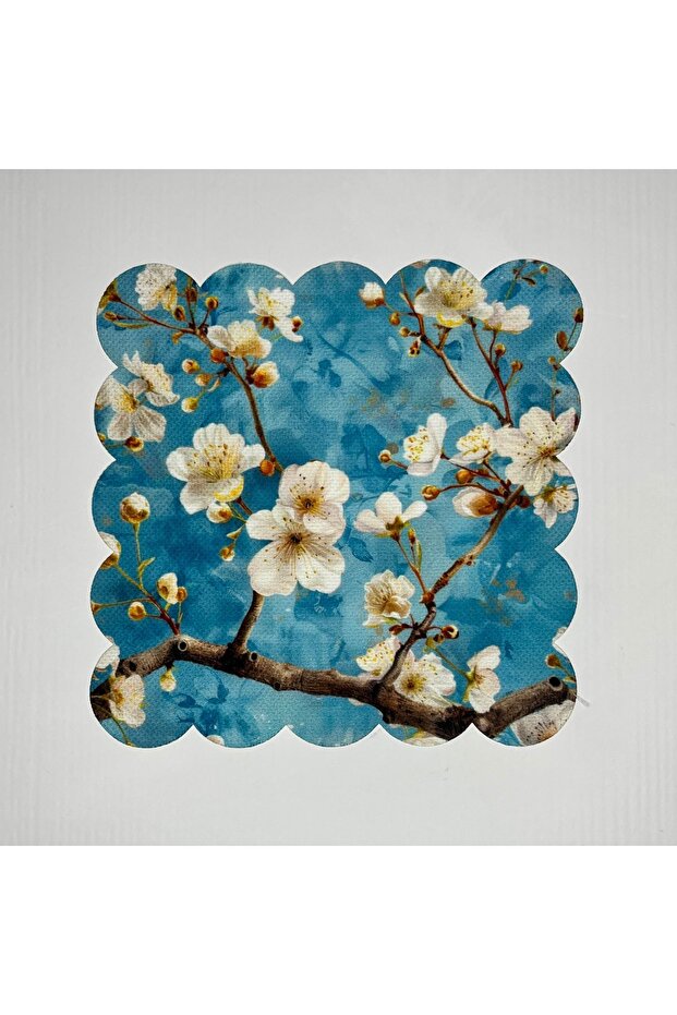 Blue Background Watercolor Bud Floral Digital Printed Laser Cut Cocktail Napkin