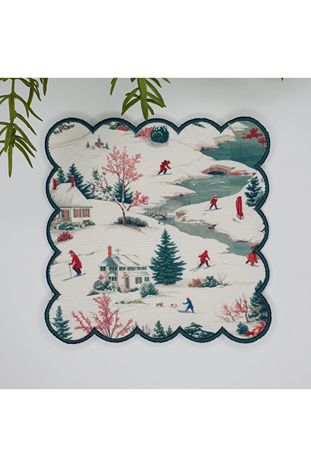 Embroidered Happy Snow Scenery - Washable Cocktail Napkin 1 Piece