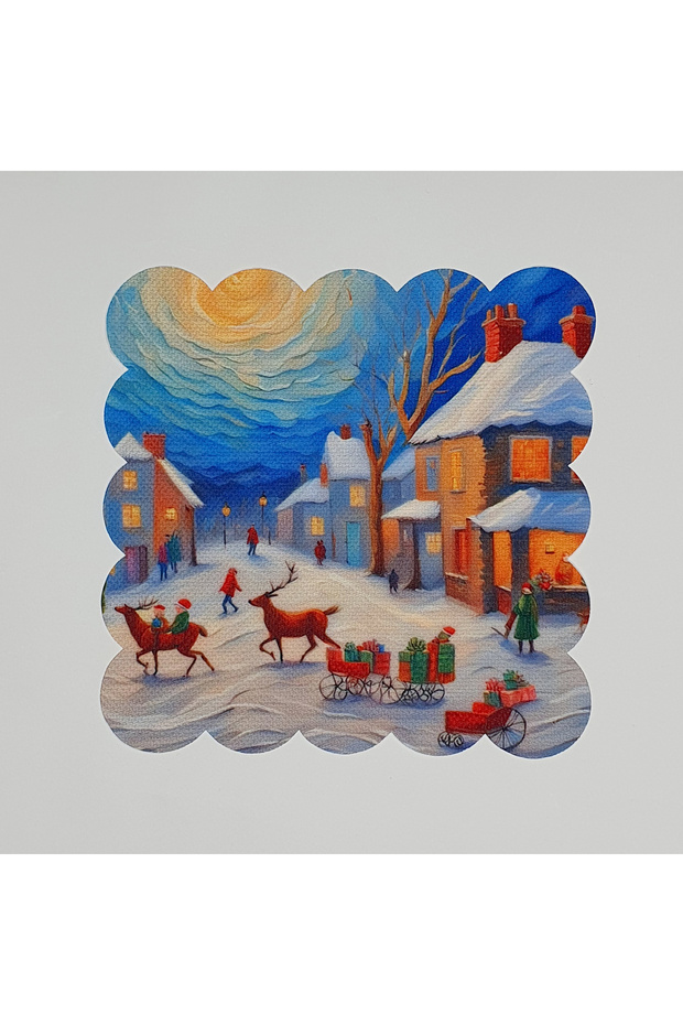 Oil Painting New Year Village Digital Printed Fabric Cocktail Napkin Laser Cut