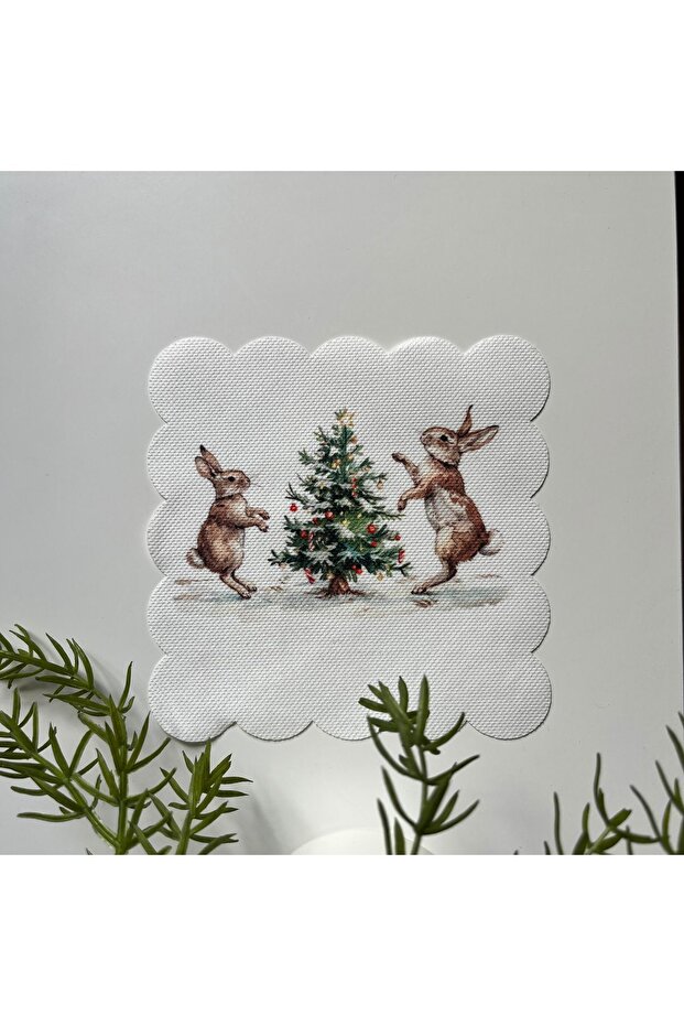 New Year's Bustle Cheerful Rabbits Pine Tree Patterned Cocktail Napkin Fabric 15 X 15 White Fabric - 1