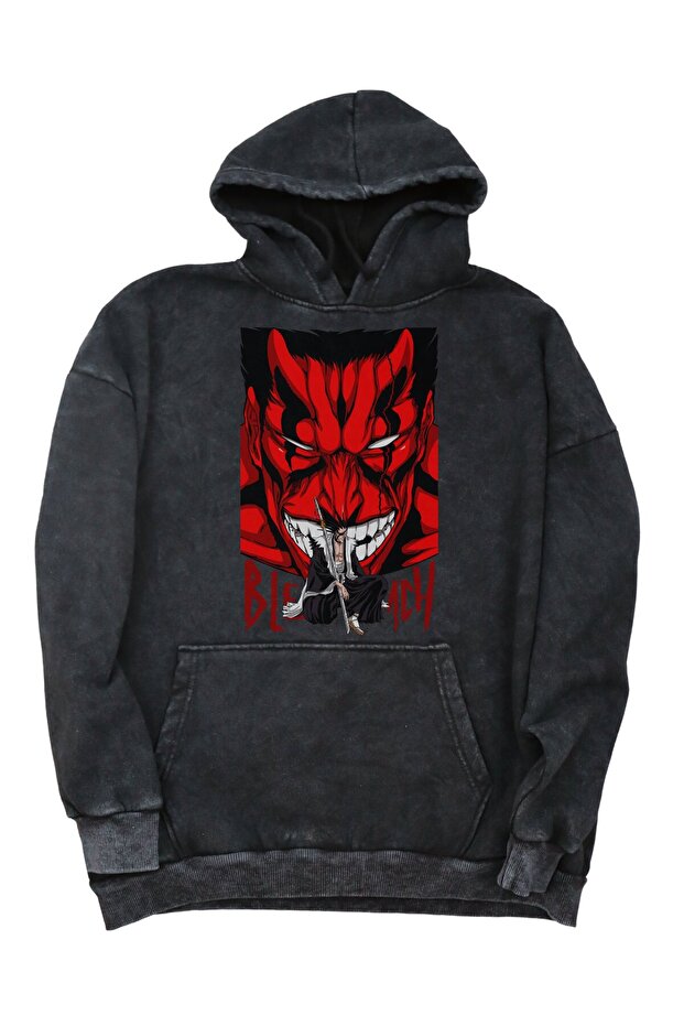 Oversize Zaraki Kenpachi Printed Hooded Washable Sweatshirt, Unisex Bleach Anime Themed Hoodie