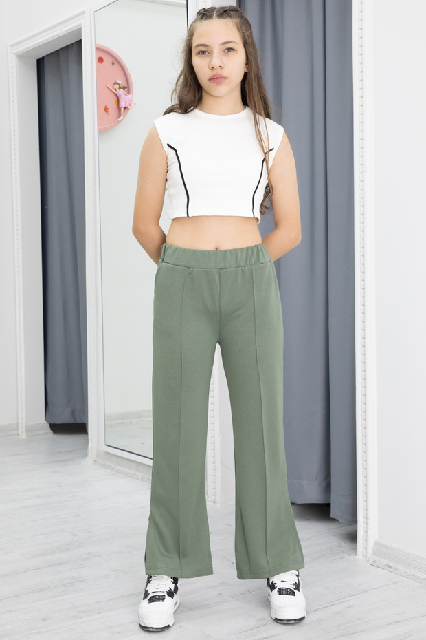 Khaki Wide Leg Slit Girl's Trousers 20288