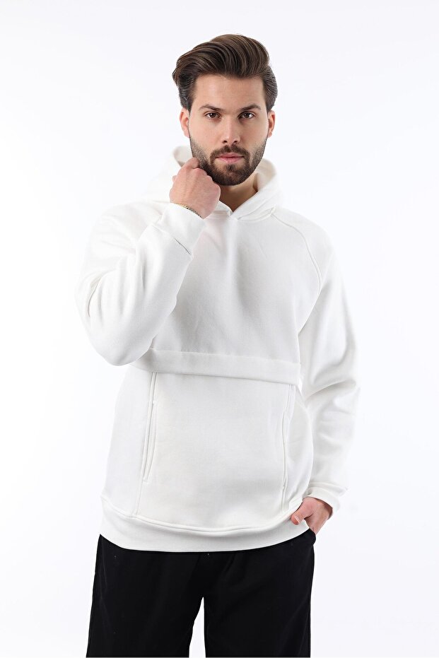 Ecru Hooded Men's Sweatshirt with Pocket Detail 7092