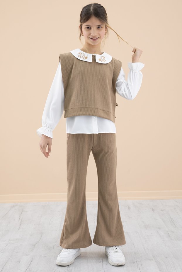 Coffee Collar Embroidered Shirt and Sweater Girl's 3-Piece Set 20267