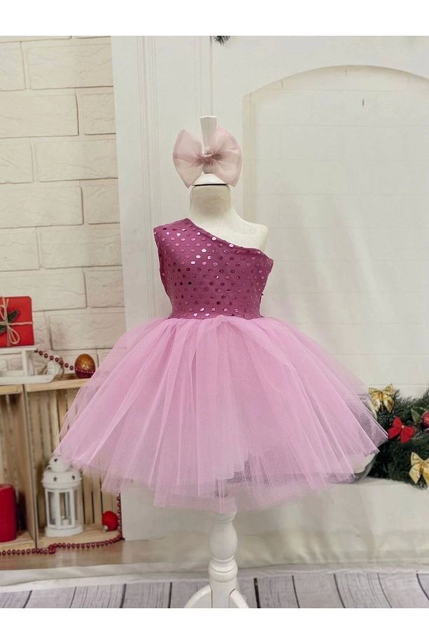 Pembe Payetli Tek omuz Kız Çocuk Elbisesi - 3
