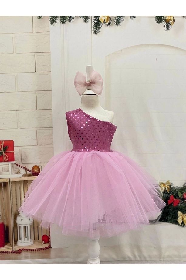 Pembe Payetli Tek omuz Kız Çocuk Elbisesi - 6
