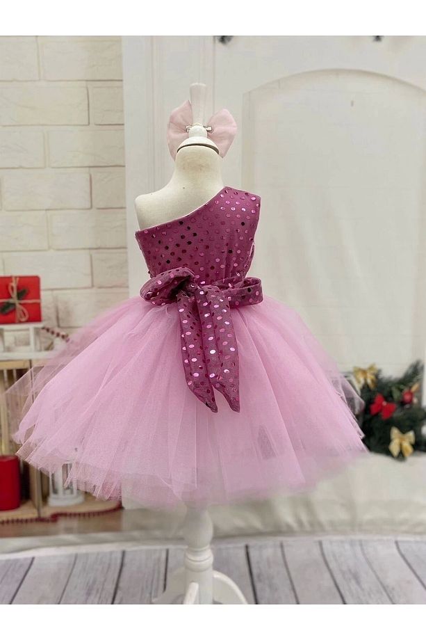 Pembe Payetli Tek omuz Kız Çocuk Elbisesi - 7