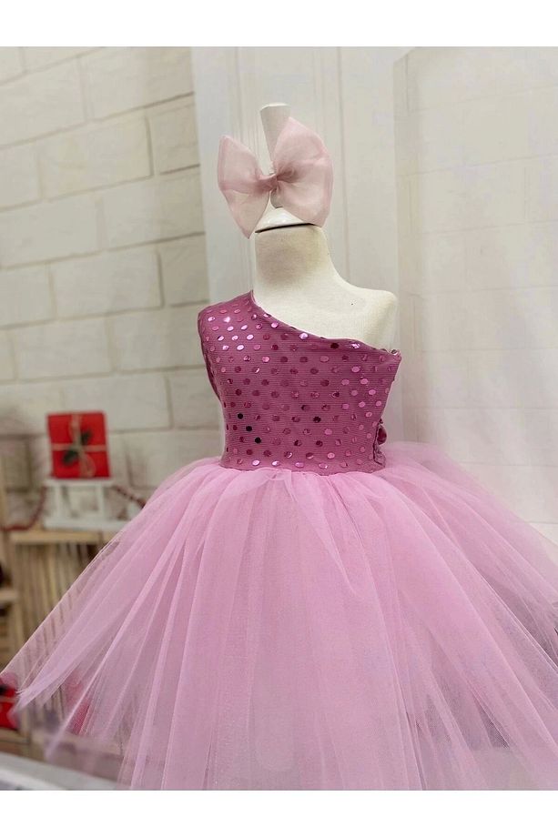 Pembe Payetli Tek omuz Kız Çocuk Elbisesi - 5