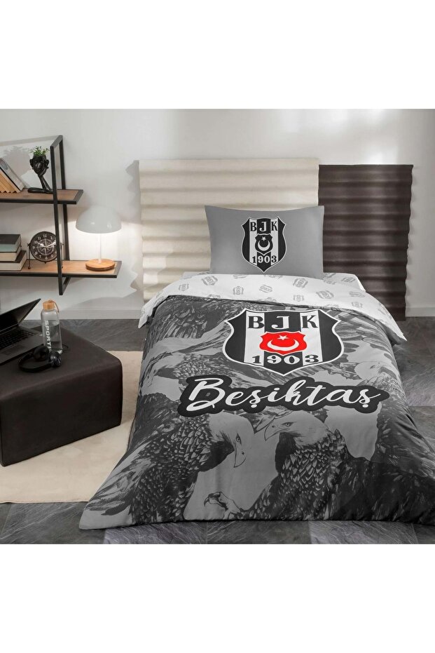 Crown Fan Licensed Ranforce Bed Sheet Elastic Single Duvet Cover Set-Beşiktaş Eagle