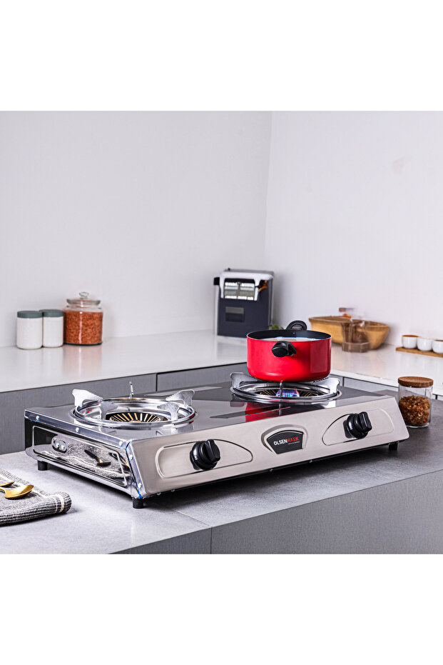 Stainless Steel Double Burner Gas Stove - Piezo Ignitio - Enamel Pan Support