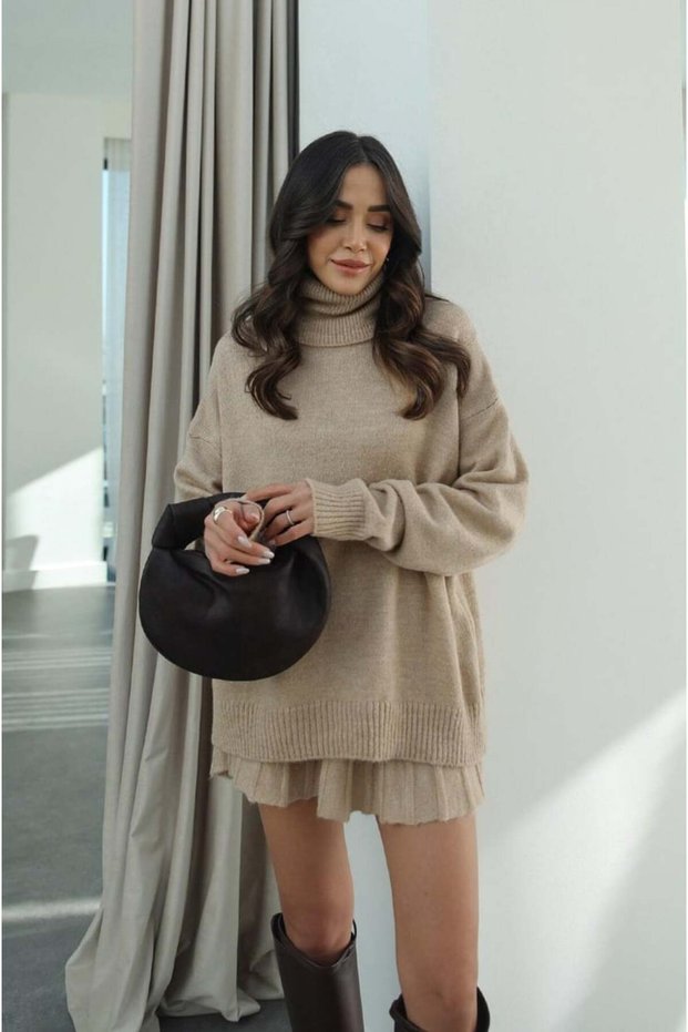 Camel Color Pleated Mini Skirt Fisherman Sweater Bottom Top Knitwear Set