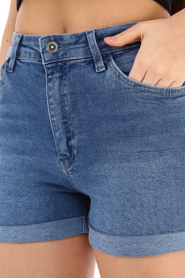 Kadın Yüksek Bel Duble Paça Kot Şort Klasik Mini Jean Şort C604 - 8