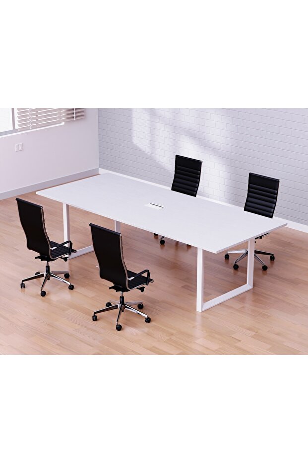 Meeting Table Conference Table with Wire Management & Metal Legs-4 Seater, Loop Leg (White)