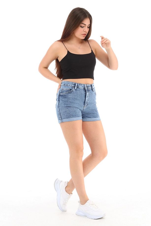 Kadın Yüksek Bel Duble Paça Kot Şort Klasik Mini Jean Şort C604 - 4