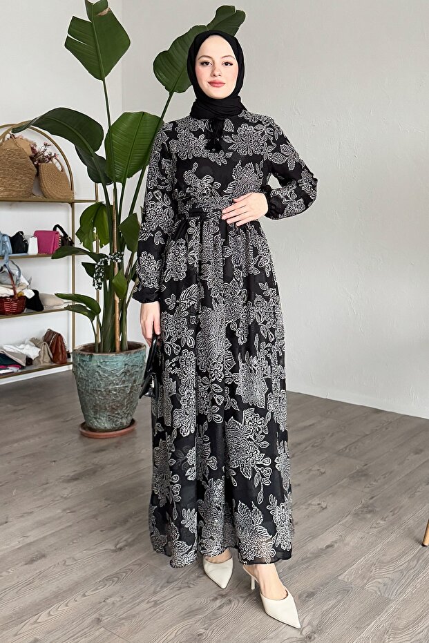 Ribbed Waist Detail Black Chiffon Dress
