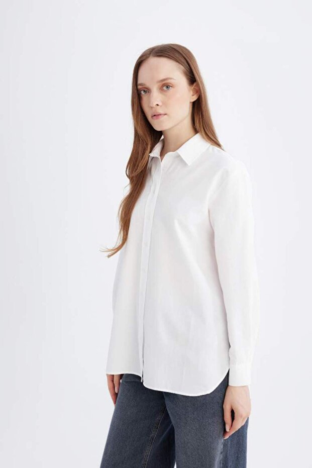 Relax Fit Basic Düz Poplin Uzun Kollu Gömlek Tunik D7341AX25SP - 4