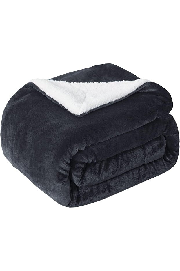 Sherpa Blanket 220x240cm Super King Size Reversible Bed Blanket Dark Grey
