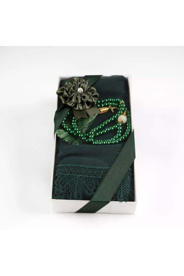 Green Lace Edged Shawl and Pearl Prayer Beads Gift Set - Special Boxed, Hijab Gift Combination