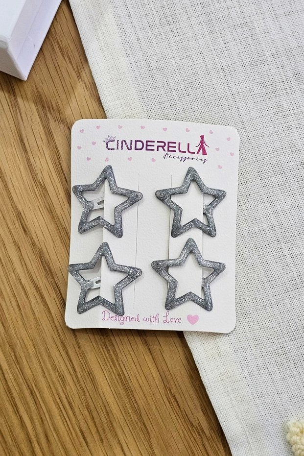 Set of 4 Silver Star Snap Hair Clips with Glitter - Embossed Star Snap Hair Clips Metal