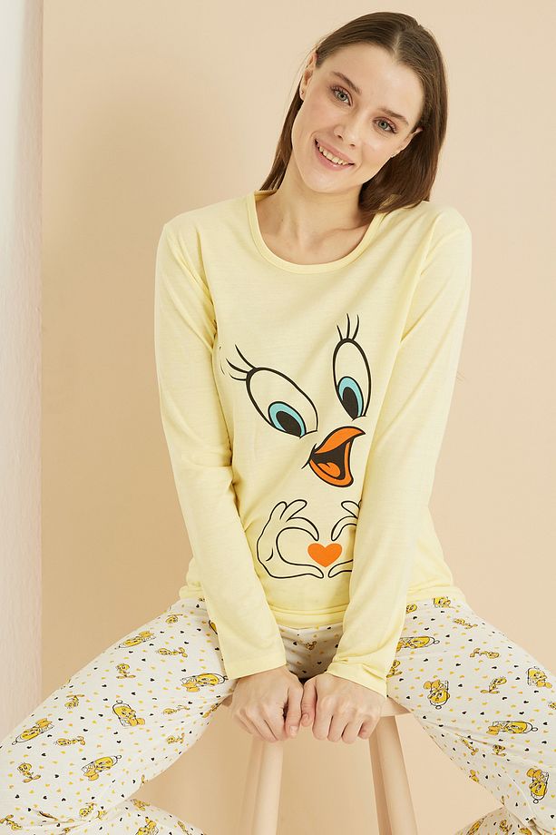 sarı desenli Pamuklu Örme Pijama Takım 7819 - 1