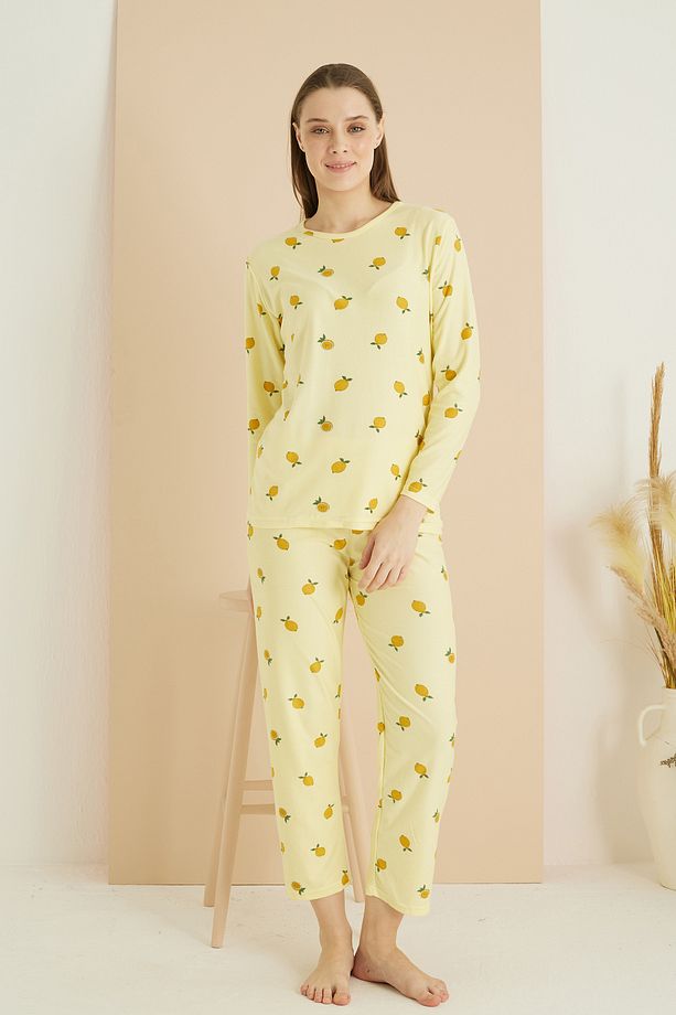 sarı limon desenli Yumuşak Dokulu Örme Pijama Takım 7819 - 2