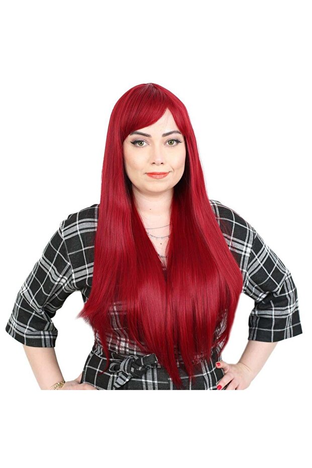 Fiber Synthetic Long Straight Bangs Wig - Red