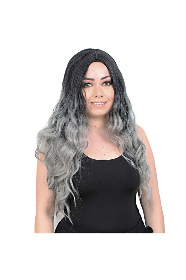 Water Wave Long Rivetless Fiber Synthetic Wig - Black / Grey Ombreli
