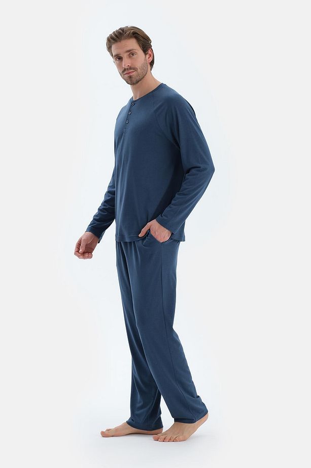 Lacivert Reglan Uzun Kollu Basıc Tişört Pantolon Pijama Takımı - 3