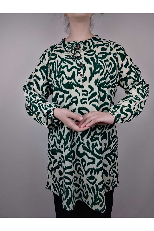Women's Beige Green Tie-Up Neckline Button-Down Long Sleeve Sleeve Ankle Elastic Ribbed Oval Hem Tunic