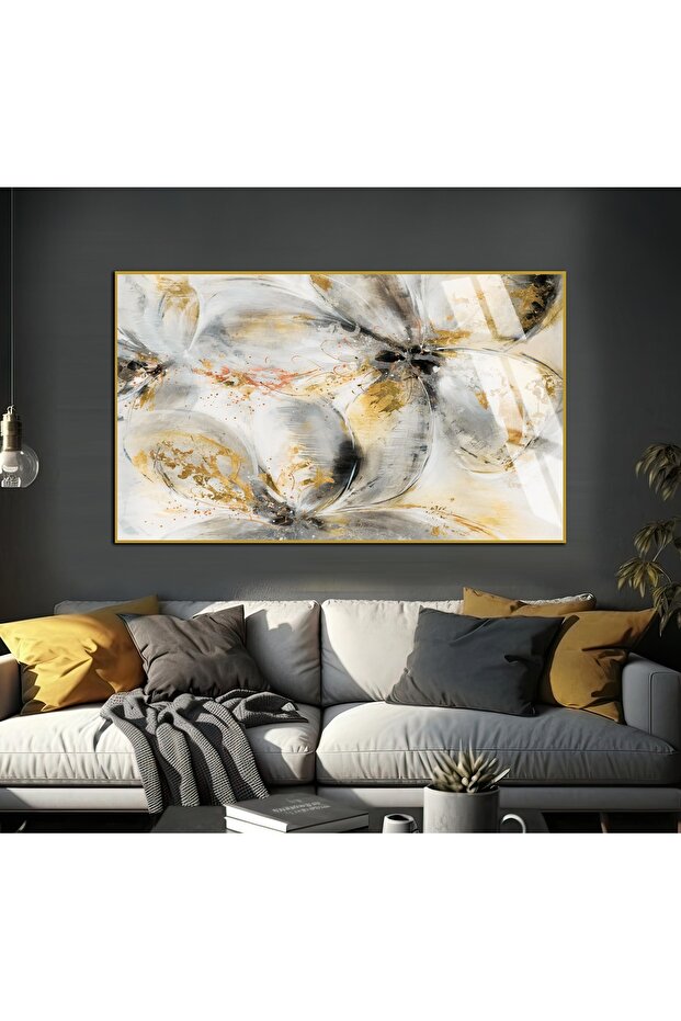 Hari̇kabi̇rev | White-Black-Gold Abstract Flower Figure 1 | Framed Tempered Glass Table Single Horizontal