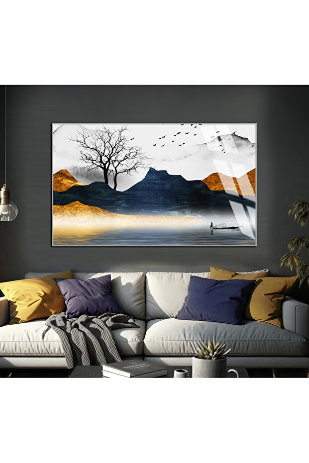 Hari̇kabi̇rev | Dark Blue-Brown Color Mountain Landscape Model | Framed Tempered Glass Table Single Horizontal