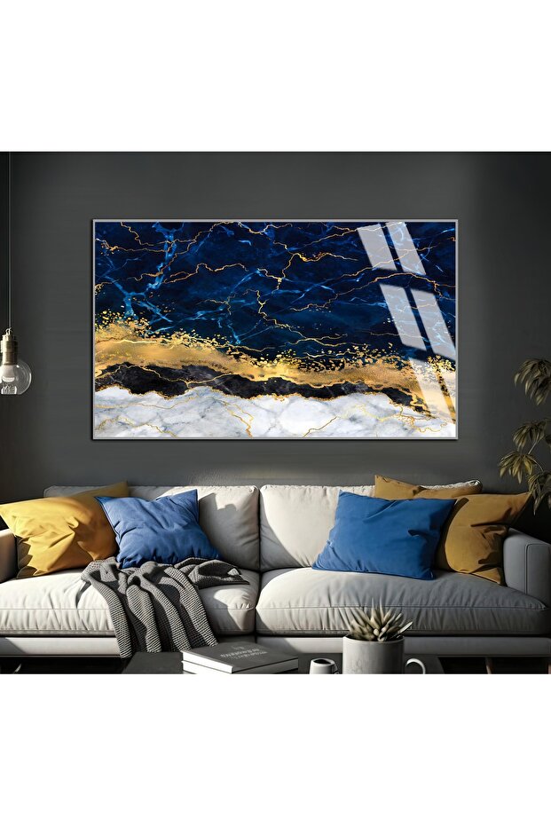 Hari̇kabi̇rev | Gray-Dark Blue-Gold Abstract Figure 1 | Framed Tempered Glass Table Single Horizontal