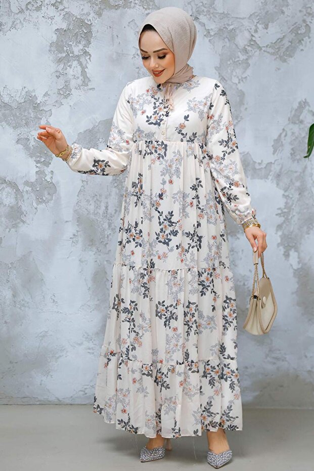 Floral Print Smoked Hijab Dress 22054Fu