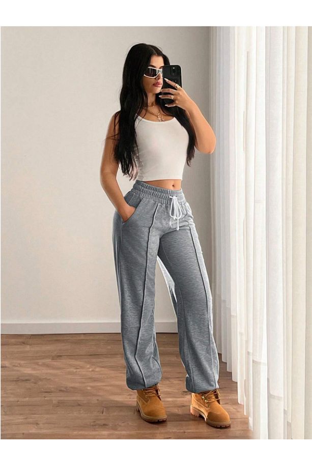 Gri Ön Cımalı Sokak Modası JOGGER Büyük Beden Eşofman Altı Pantolon Altı 2 İplik Örme Kumaş Tessetür - 1