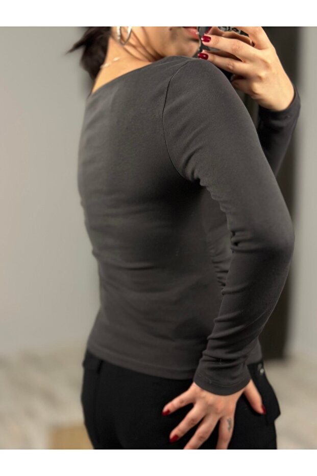 Drawstring Boat Neck Top-Anthracite - 2