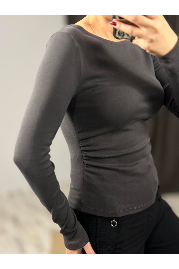 Drawstring Boat Neck Top-Anthracite - 4